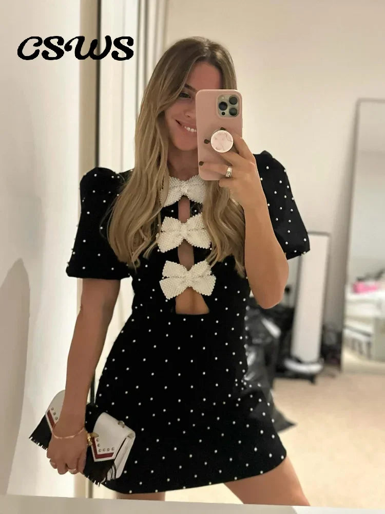 Bow Hollow Out Women's Black Dress Sexy Short Sleeve Party Mini Bandage O-neck Dresses Spring Elegant Shinny Robe