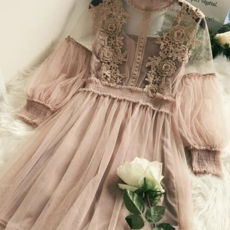 Women Party Lace Flower Dress Gauze Lantern Sleeve Voile Long Dress Female Retro Hook Princess Dress 2 Piece Set