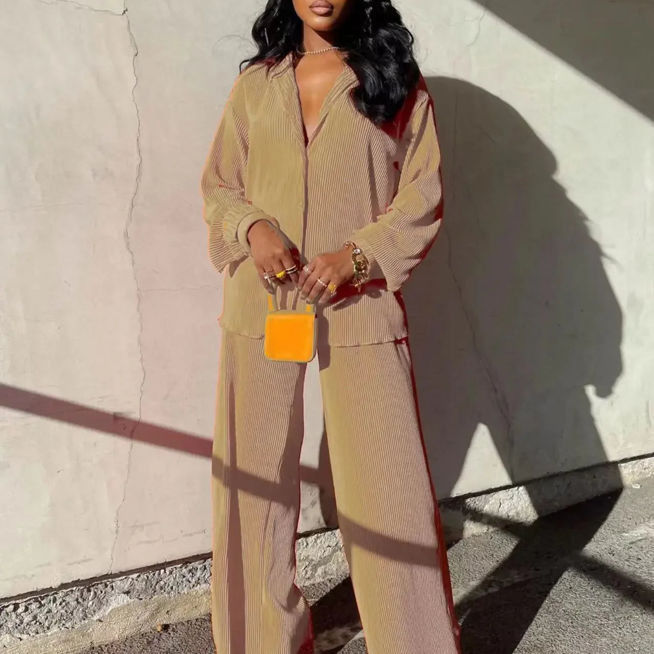 CM.YAYA Pleated Solid Women Set Long Sleeve Shirts and Straight Wide Leg Pants Suits Tracksuit Two Piece Set Fitness Outfits