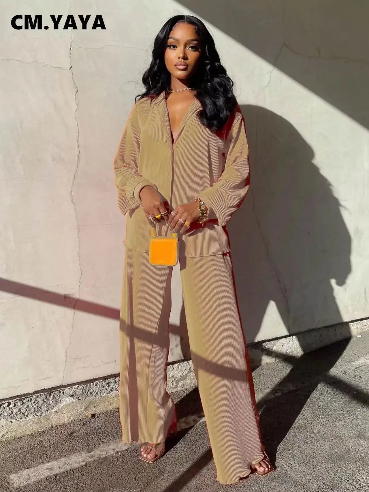 CM.YAYA Pleated Solid Women Set Long Sleeve Shirts and Straight Wide Leg Pants Suits Tracksuit Two Piece Set Fitness Outfits