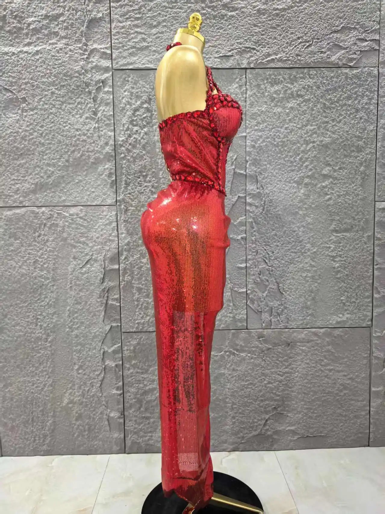 Red Color Women Sexy Off the Shoulder Shinning Crystal 2 Pieces Bodycon Long Dress Celebrate Birthday Party Nigtclub Outfit