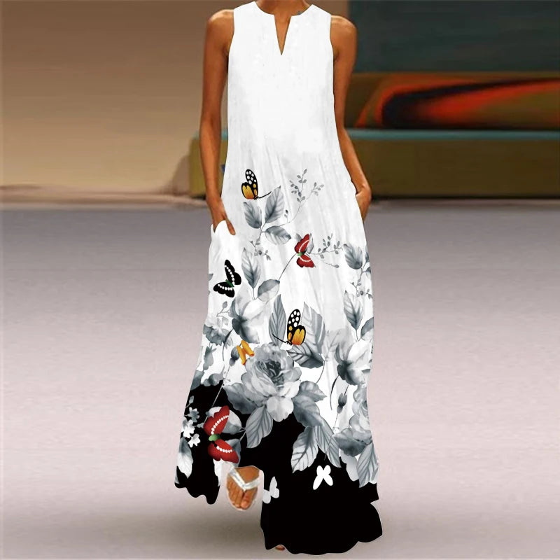 Vestido longo feminino elegante com decote em V, estampa floral fresca, sem mangas, solto, reto, praia, férias, vestido longo
