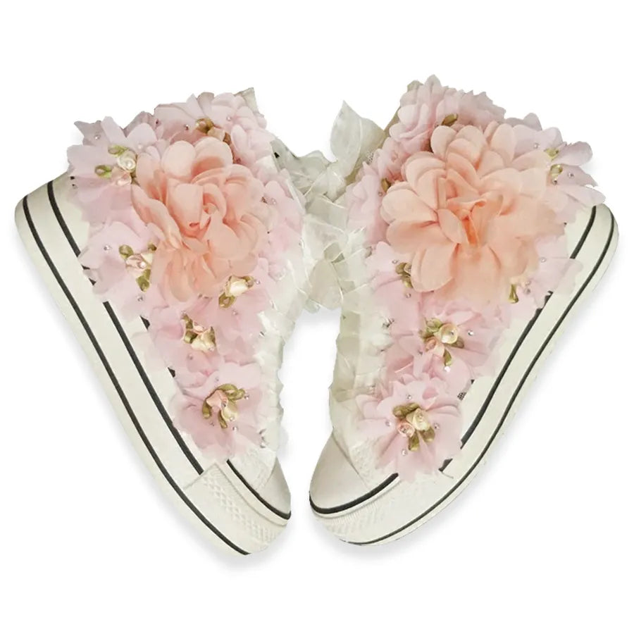 Handmade Flower Canvas Shoes for Women Rhinestones Pink Lace Flower Students Lady Casual Shoes White Platform Sneakers