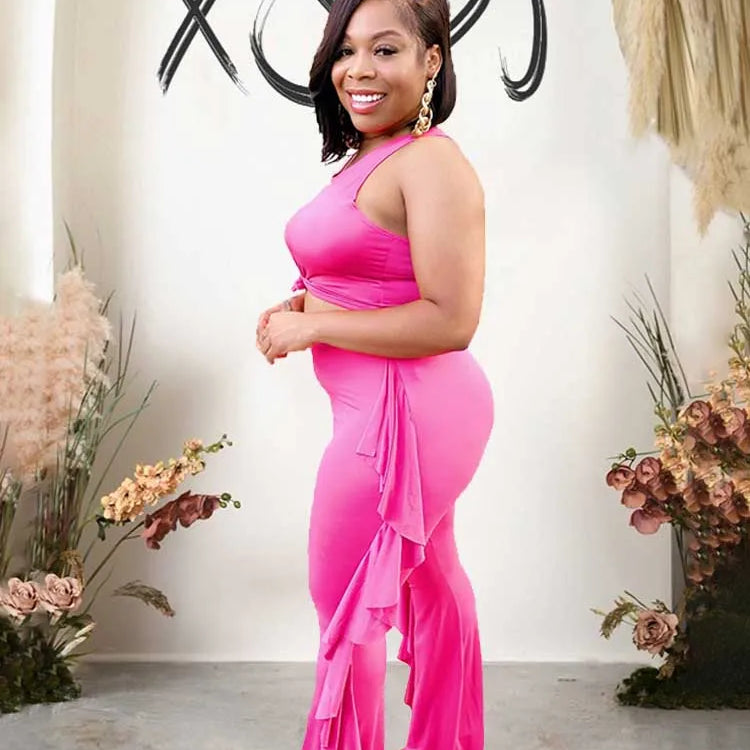 Style Plus Size Women Clothing Summer Two-piece Set Solid Color Tank Top Ruffle Pant Set Lady Trendy Suit Wholesale Dropshipping