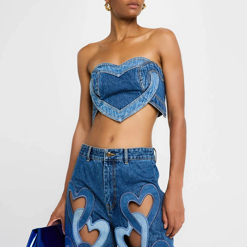 Soild Two Piece Sets for Women Straplelss Sleeveless Vest High Wiast Patchwork Hollow Out Jeans Elegant Set Female