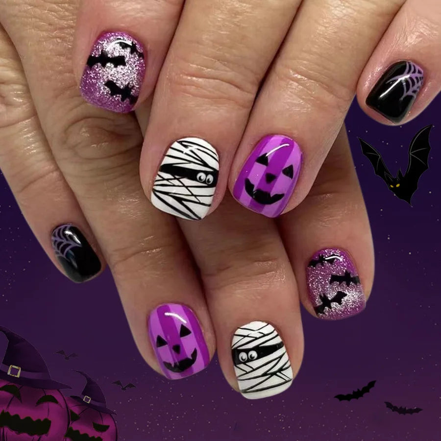 24Pcs Short Square False Nails Dark Forest Castle Design Press on Fake Nails Halloween Reusable Artificial Full Cover Nails Tips