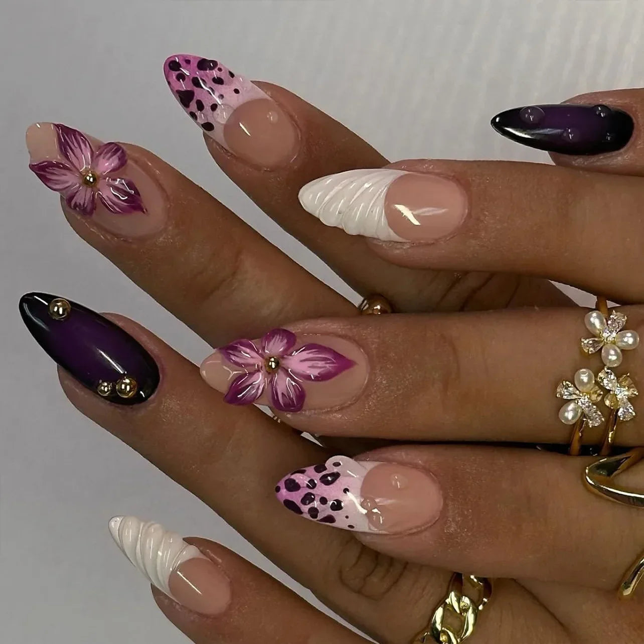 24Pcs French False Nails With Purple Edge  Almond Bow Flower Design Detachable Acrylic Fake Nails Long Stiletto Press On Nails