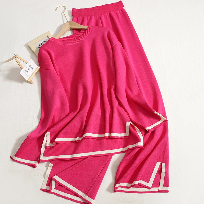 Autumn Winter O-neck Long Sleeve Side Slit Pullover Sweater+high Waist Wide Leg Pants Two Piece Set Women Casual Tracksuit