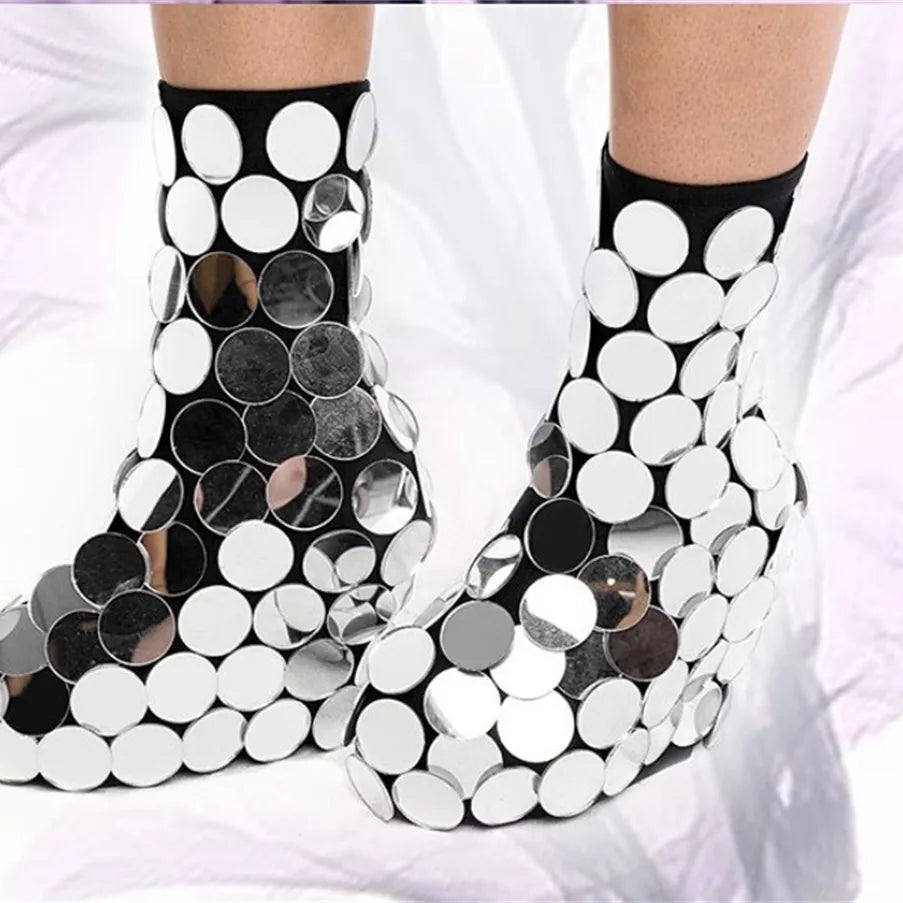 New Women Stage Show Costume Over Knee Boots Folk Dance Singer Party Show Mirror Shoes Nightclub Gogo Mirror boot cocovers Silver-Short Boots1 One Size