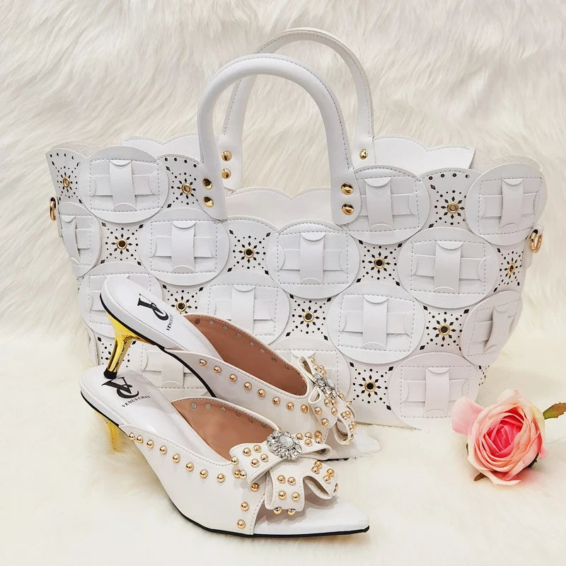 Metal Decoration Party Italian Ladies Shoes and Bags To Match Set Designer Luxury Shoes Women Shoes and Bag Sets for Women 913-white