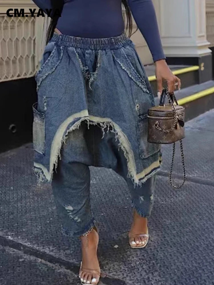 CM.YAYA Women Streetwear Ripped Out Hole Denim Pants 2025 Fall Autumn Loose Safari Style Cargo Harem Hip Hop Jeans
