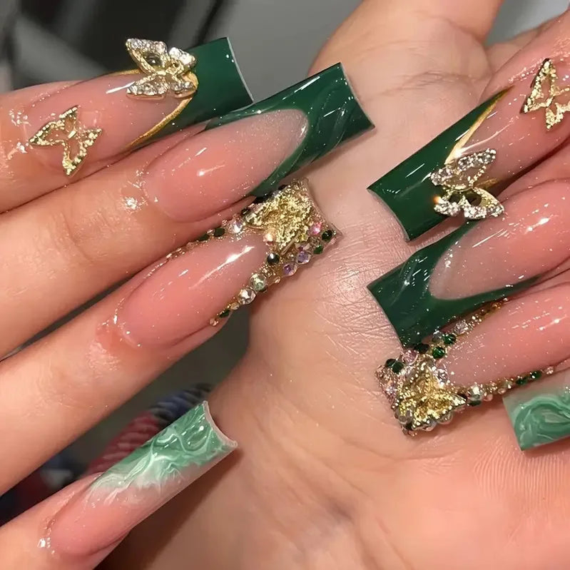 24Pcs Long Coffin Blue False Nails Set Shiny 3D Metal Butterfly Rhinestones Design Nail Tips Art Wearing French Manicure Tools