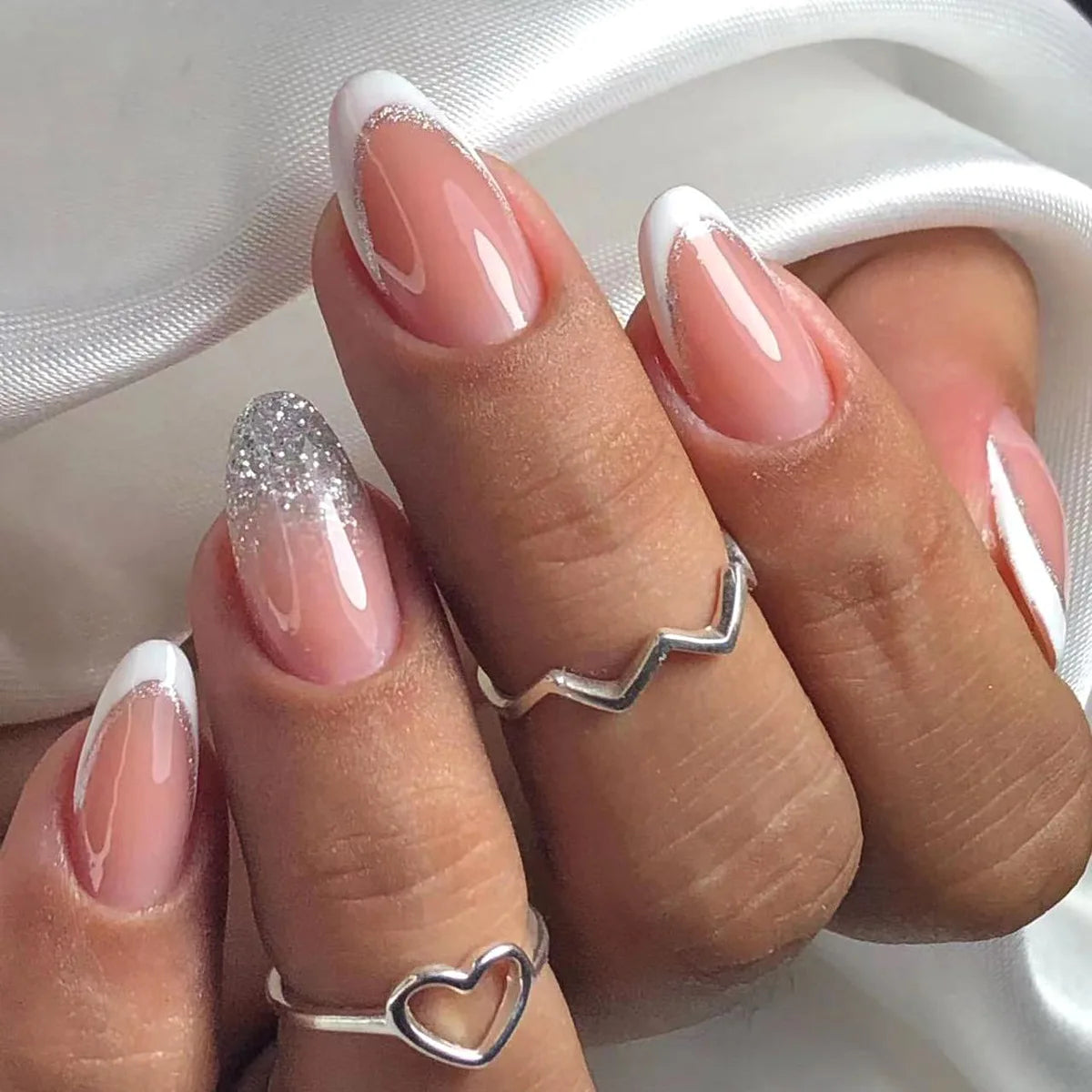 24Pcs French Fake Nail Tips with Almond Head Design Short Oval False Nails Simple Wearable Gradient Purple Nails Set Press On