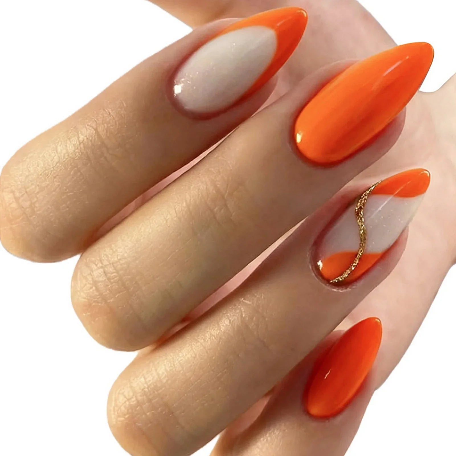 24Pcs Almond Fake Nails Women Girls New Year Party Press On Nails Red/Brown/Orange French False Nails DIY Charm Manicure