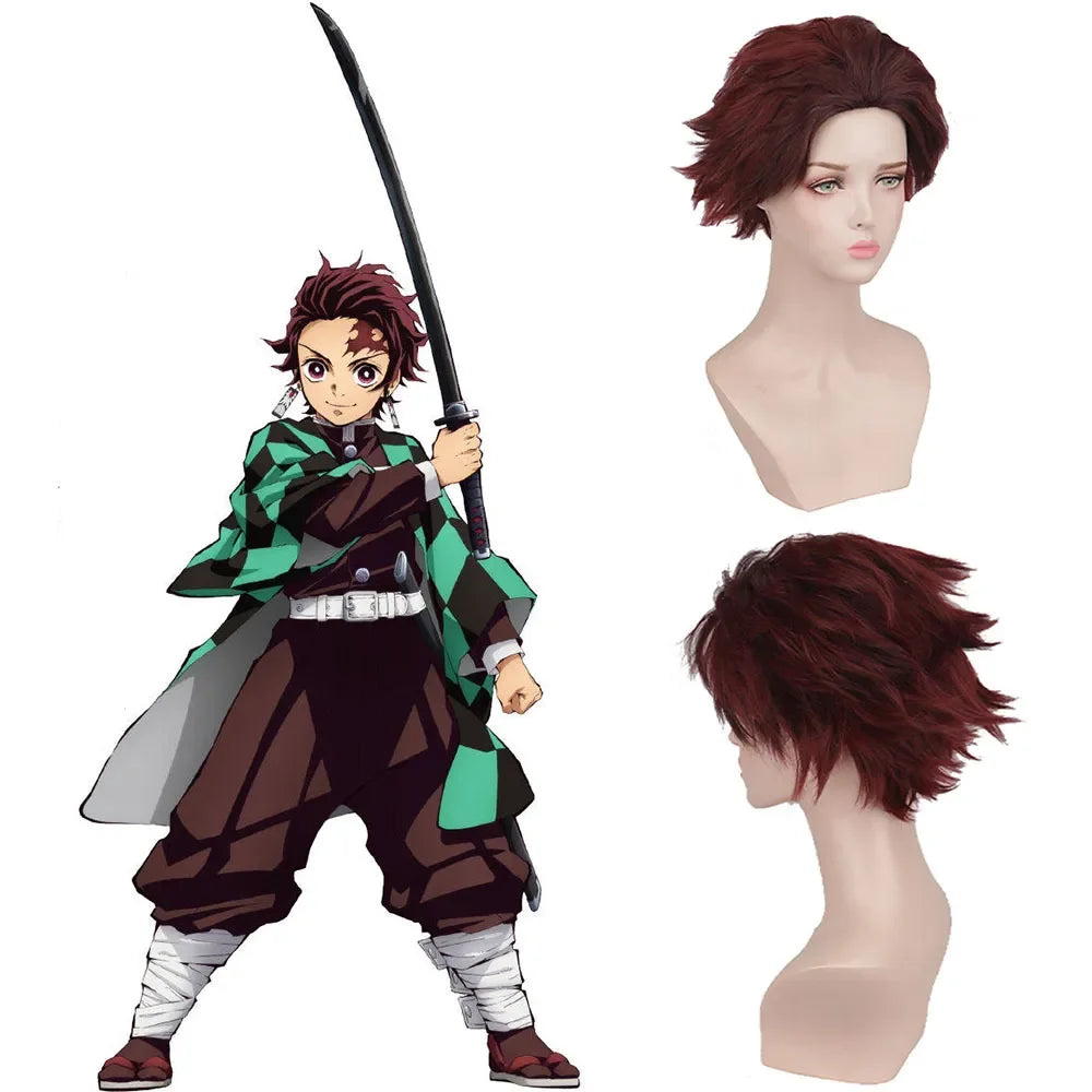 Tanjirou Kamado Costume Anime Cosplay Men Kimono Uniform Halloween Party Demonias Women Clothes Kids ONE Size Wig