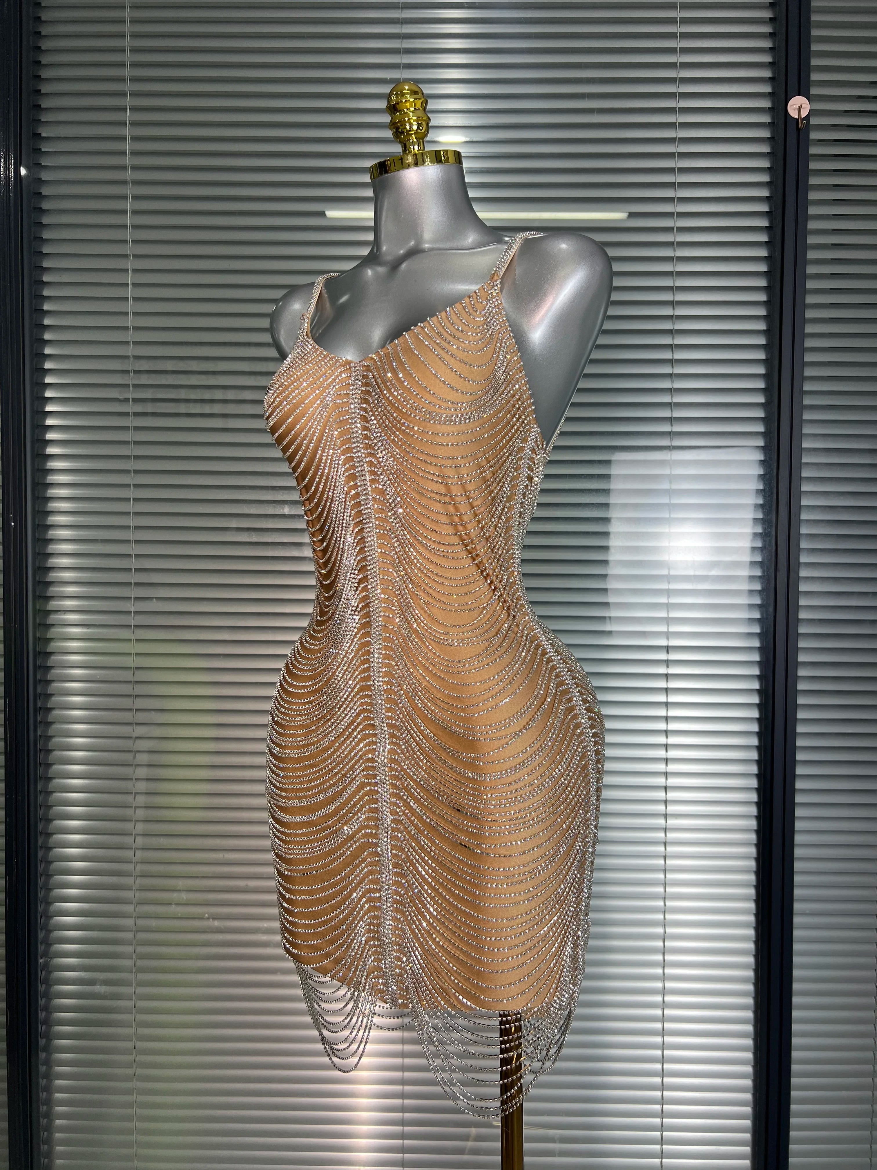 Ins Celebrity New Women Sexy Khaki Crystal Shining Mini Dress Stage Costume Dancer Singer Night Club Sparkly Party Dress