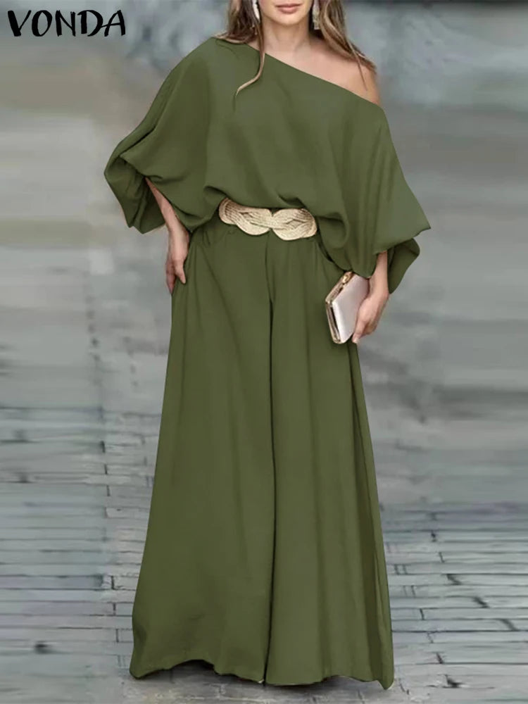 Plus Size VONDA Women Outfits Casual Slanted Collar Tops Elastic Waist Wide Leg Pant Sets 2024 Elegant Solid Pants Suits 2PCS