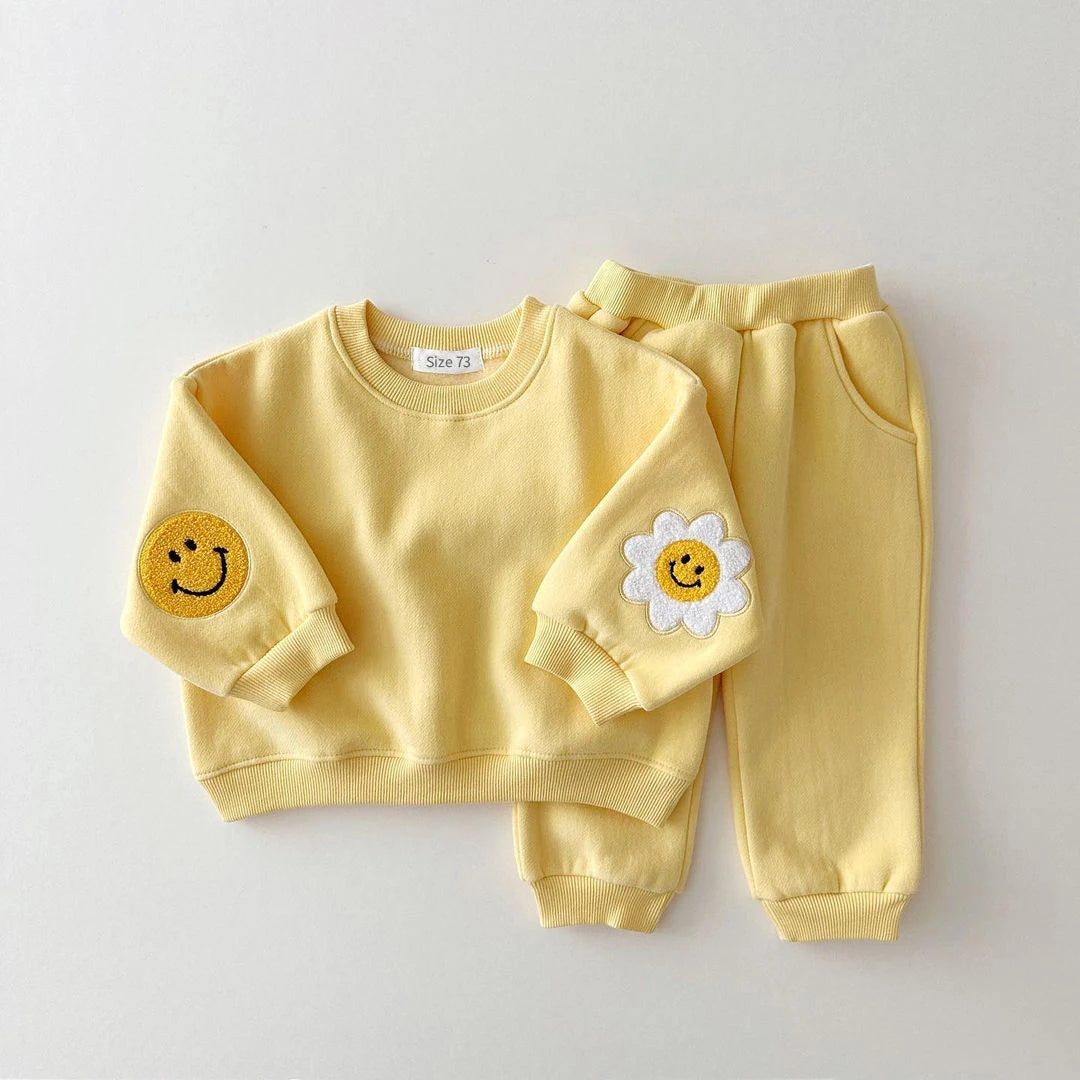 Winter Warm Baby Girl Boy Clothes Set Embroidery Thicken Fleece Sweatshirt + Pant Baby Boy Tracksuit Toddler Girl Clothes Korea Yellow