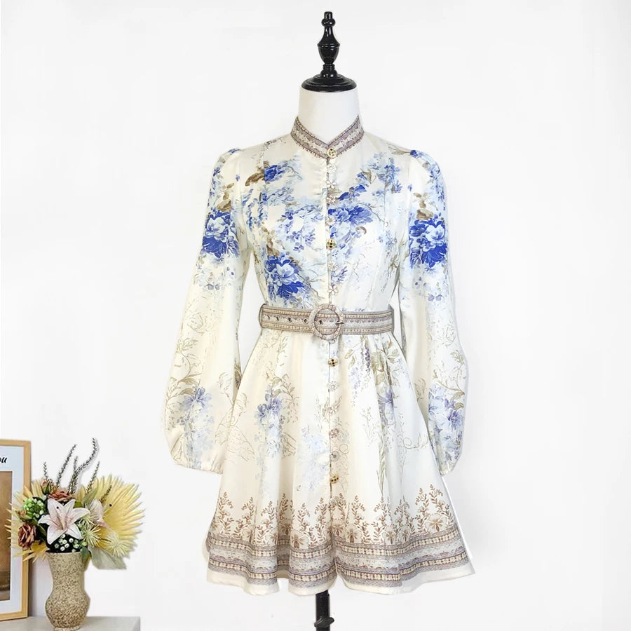 Shot In Stock 2025 Spring Summer Printed Single-Breasted Exquisite Flower Button Short A-Line Dress + Belt