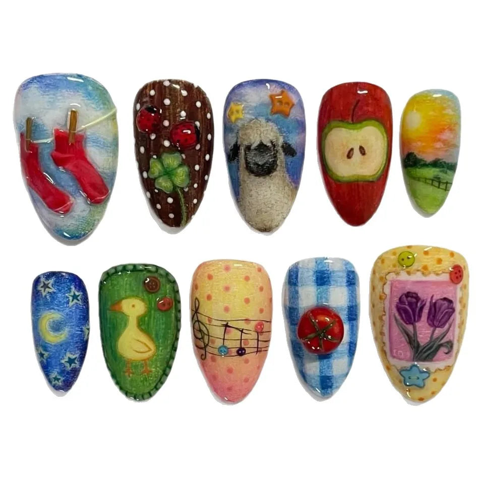 Lot de 24 faux ongles mignons en forme de dessin animé, imprimés à l'huile, motif amande, pour fille épicée
