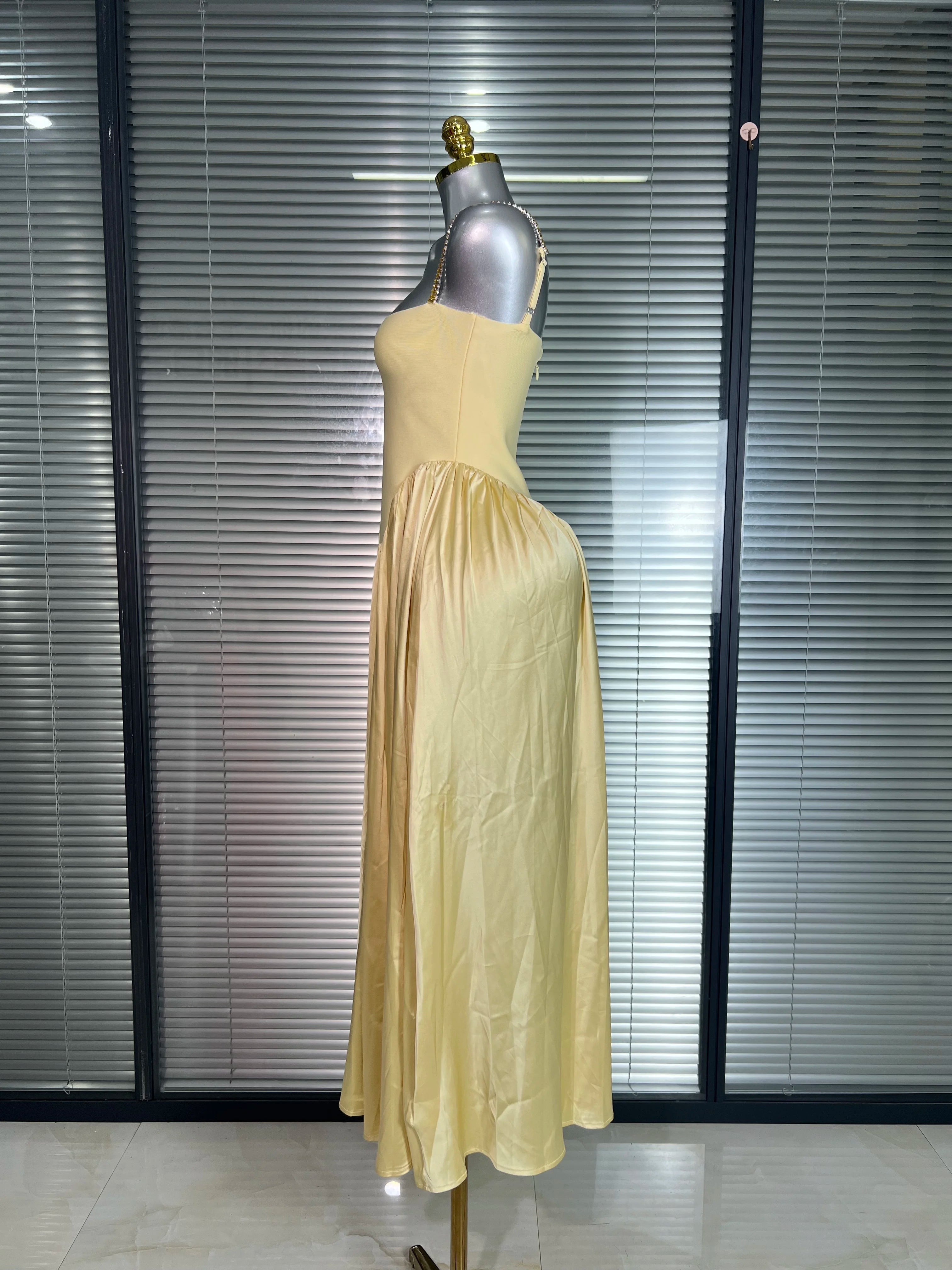 Summer New 2025 Women Luxury Sexy Chain Straps Yellow Long Gowns Bandage Dress Elegant Celebrity Evening Party Dress