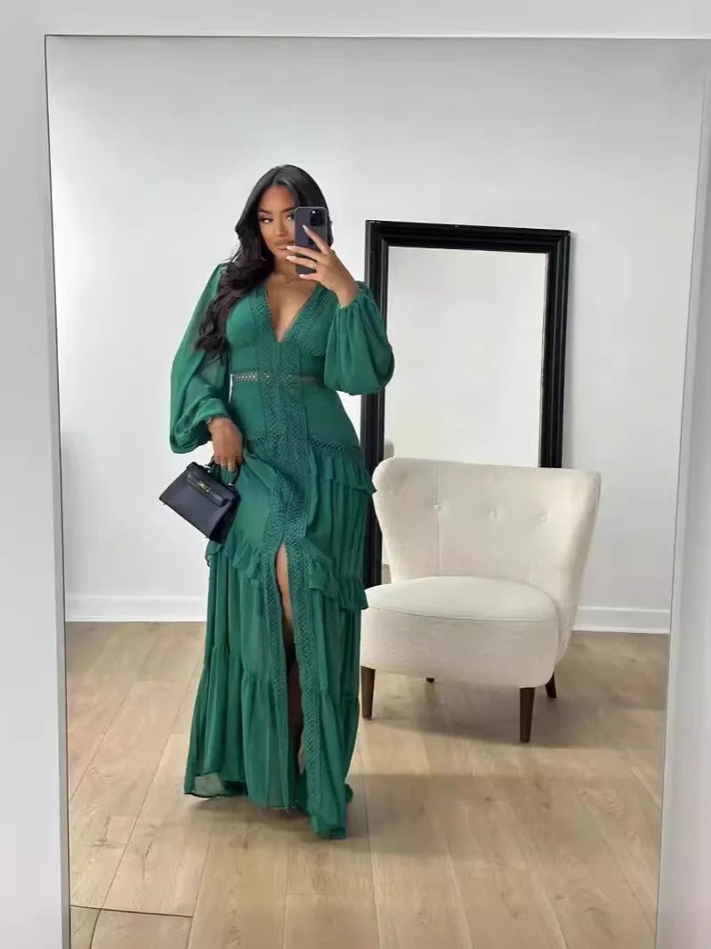 CM.YAYA Women V-neck Full Sleeve Ruffles Lace Long Maxi Dress 2025 Spring Beach Holiday Party Sexy Street Vestidos Sexy Dresses