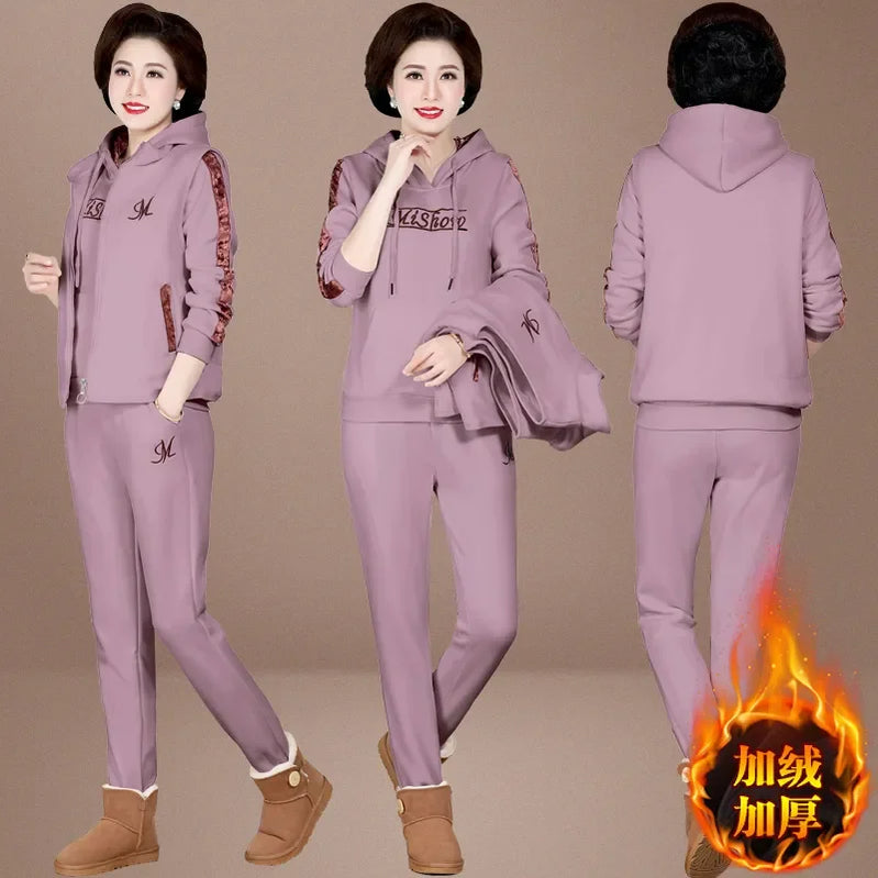 Women's Autumn Winter Suit Plush Thickened Hooded Tops Waistcoat Pants 3 Three Piece Sets Fashion Plus Size Women Clothing