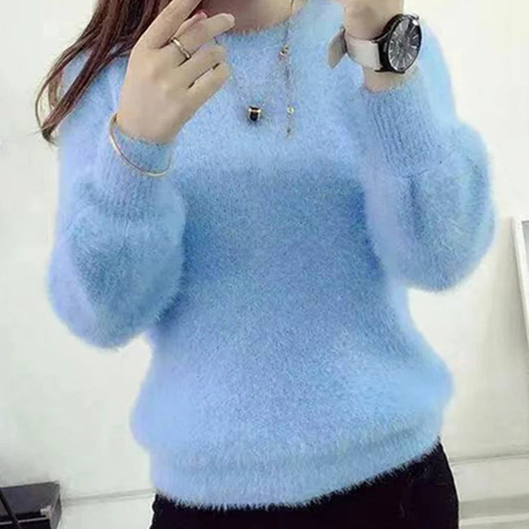 Winter Imitate Mink Wool Hot Fleecing Female Casual Sweater O-neck Long Puff Pink Solid Women Knitted Tops Elastic Pullovers