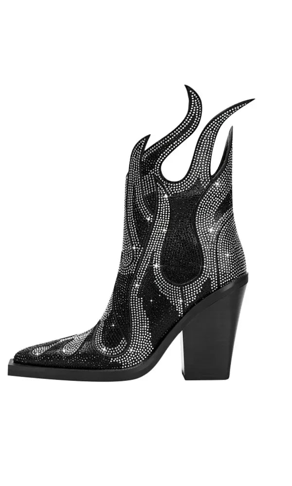 New Women's Rhinestone Flame Ankle Boots Fashion Square Head High Heels Western Boots Party Dress 43 Large Short Boots black