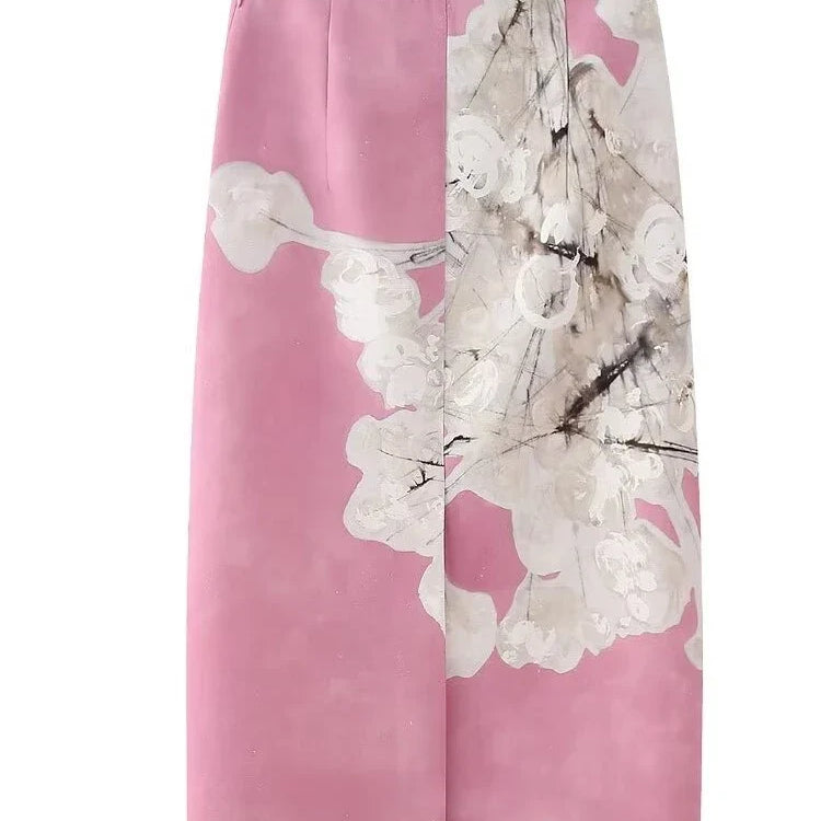 TRAF GAL Summer Spliced Pink Pinted Women Midi Long Skirts Zipper High Waisted Female Split Behind Pencil Skirt Y2K Bottoms