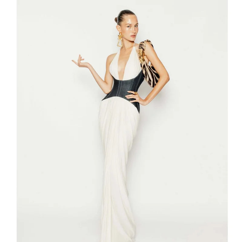 Denim Waistband Patchwork Sexy V-Neck Halter Mermaid Floor Length Dress Fashion Woman Party Dress Holiday Vocation Outfit