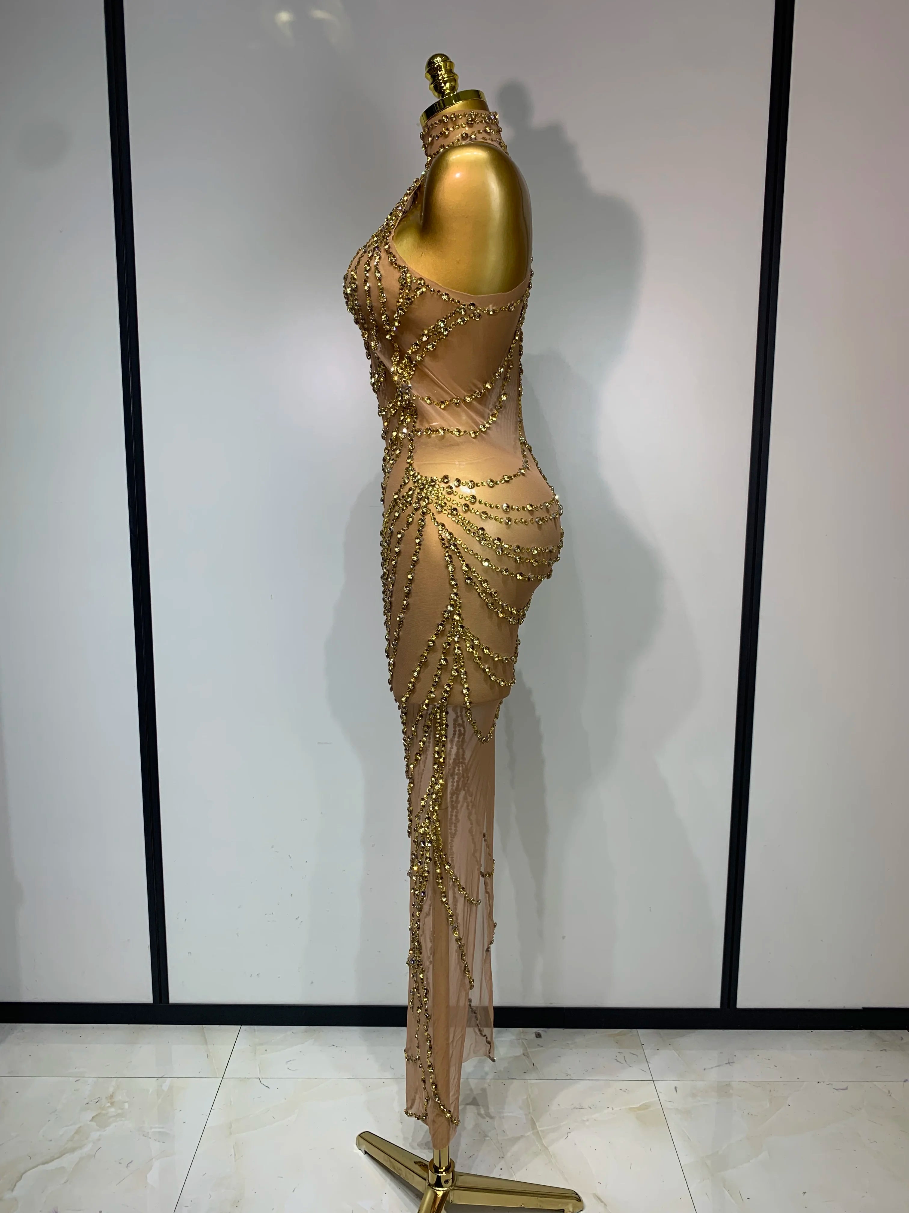 Sparkly Rhinestone Sexy Transparent Mesh Long Dress 2025 Women Luxury Birthday Club Party Gown Stage Singer Performance Costume