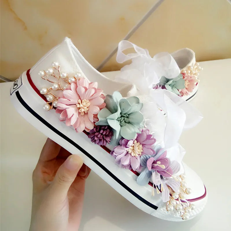Korean Fantasy 7 Color DIY Flowers Vulcanized Shoes Pearl Hand-Made Designer Women's Rhinestone Platform Canvas Shoes