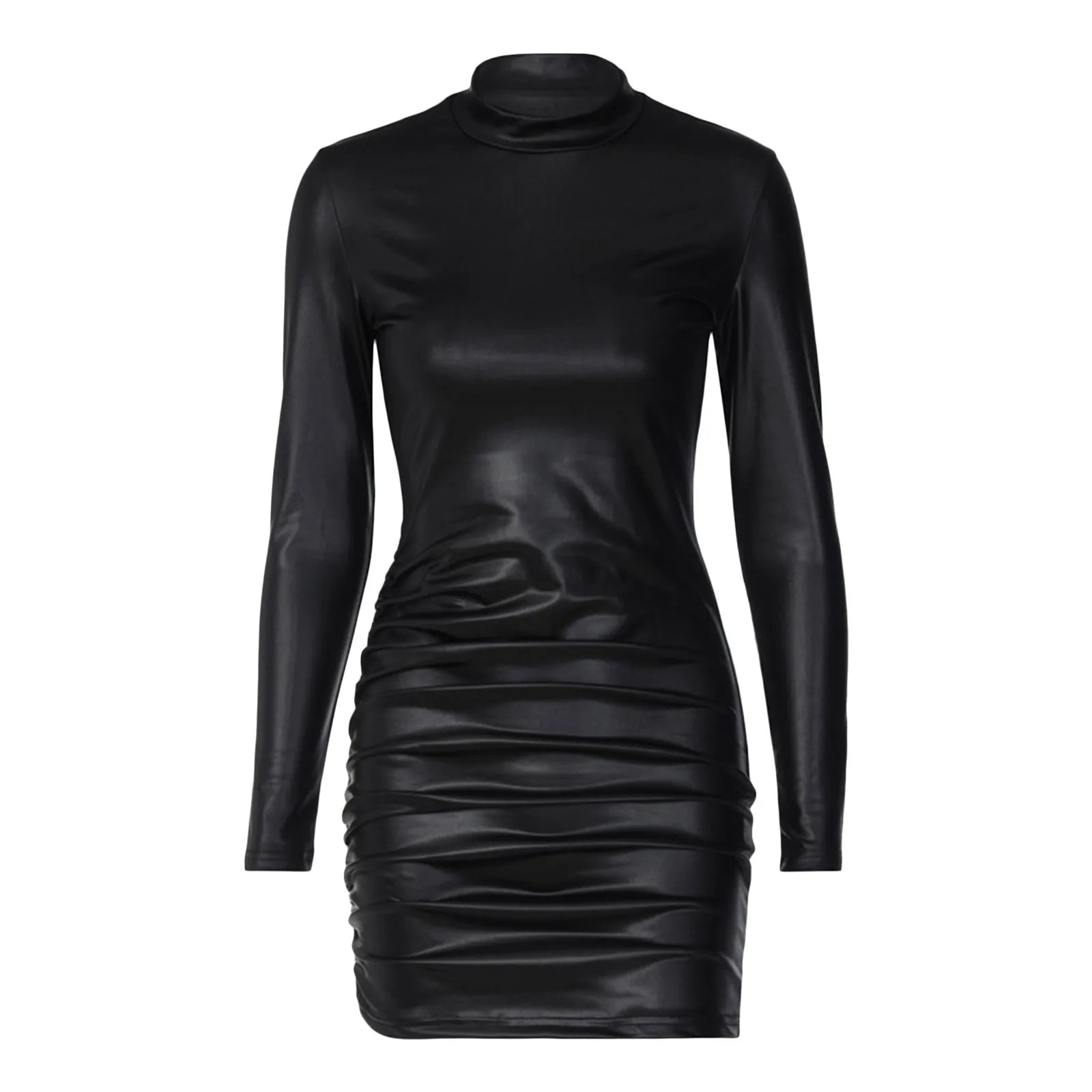 Women Faux Pu Leather Long Sleeve Bodycon Dress Sexy Casual Ruched Mini Dress Party Club Night Outfits black