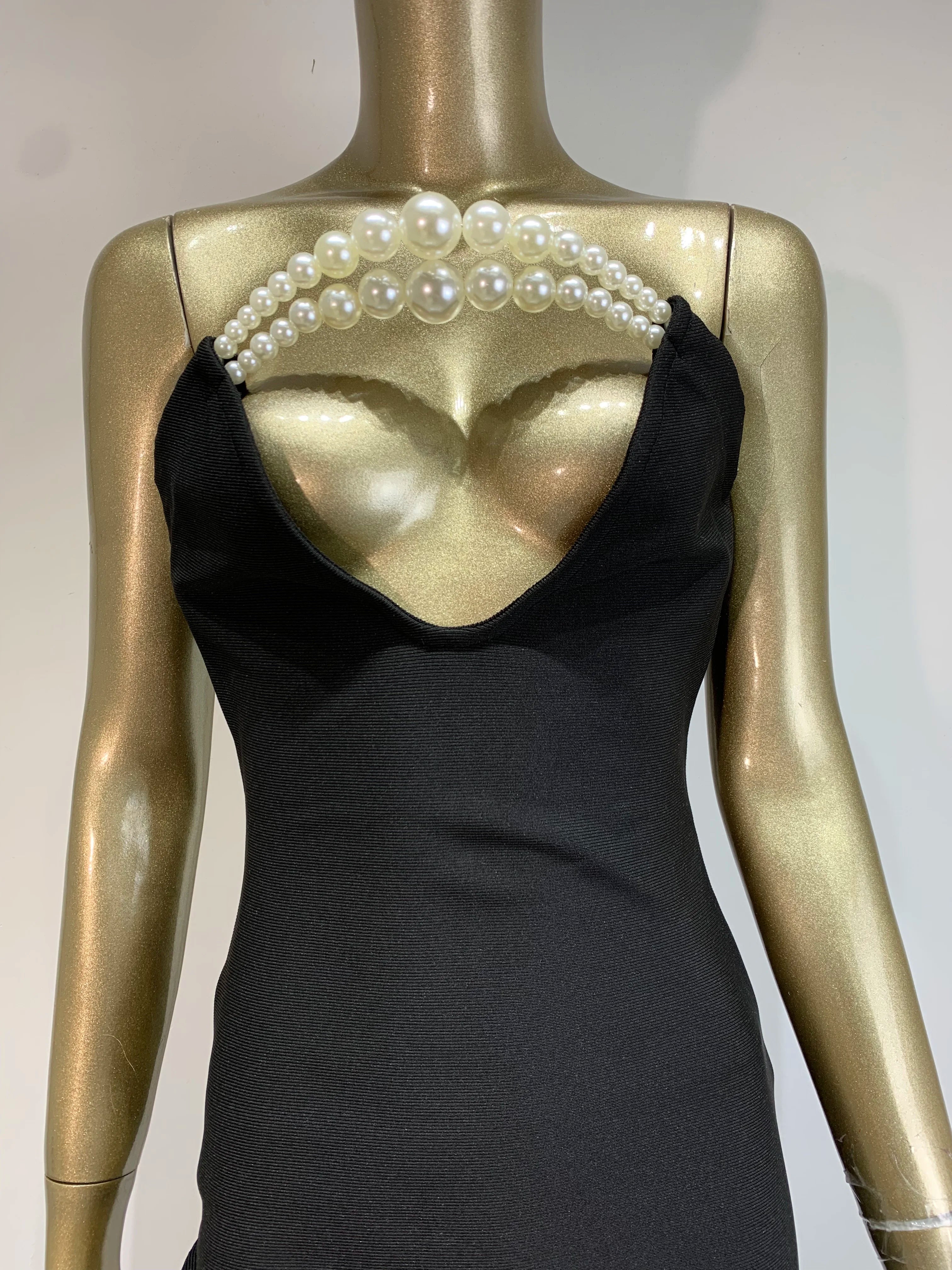 Women Celebrity Sexy Strapless Backless Pearl Black Maxi Long Bodycon Bandage Dress 2025 Elegant Evening Club Party Outfit