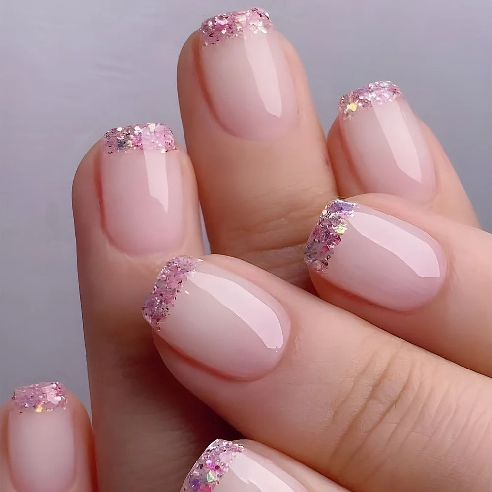 24 peças unhas postiças quadradas curtas médias brilhantes arte de unha branca usável unha postiça prateada francesa cobertura total pressione pontas de unhas