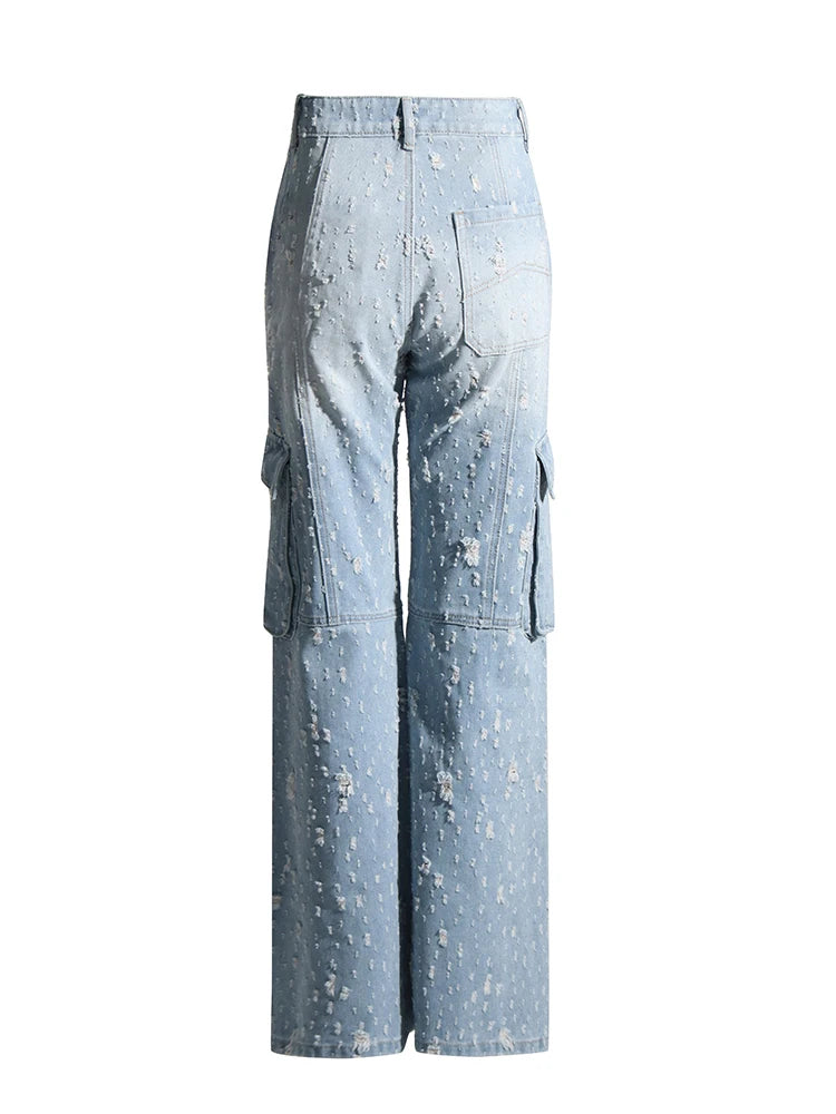 Solid Patchwork Pockets Casual Denim Trousers For Women High Waist Spliced Zipper Streetwear Wide Leg Jeans Female Fashion