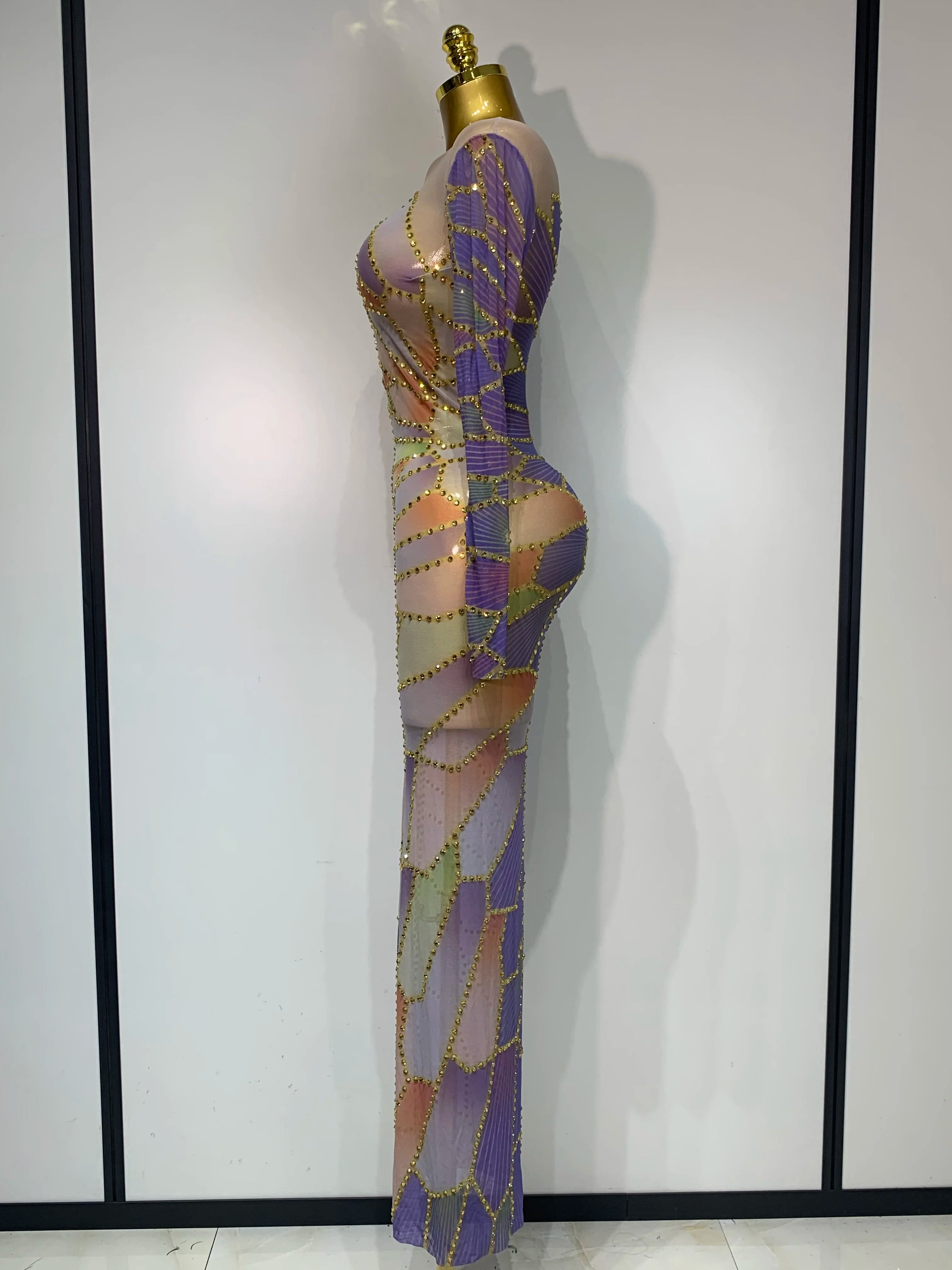 Sparkly Rhinestone Stretchy Mesh See Through Dress Women 2025 Performance Dancer Costume Luxury Birthday Nightclub Stage Outfit