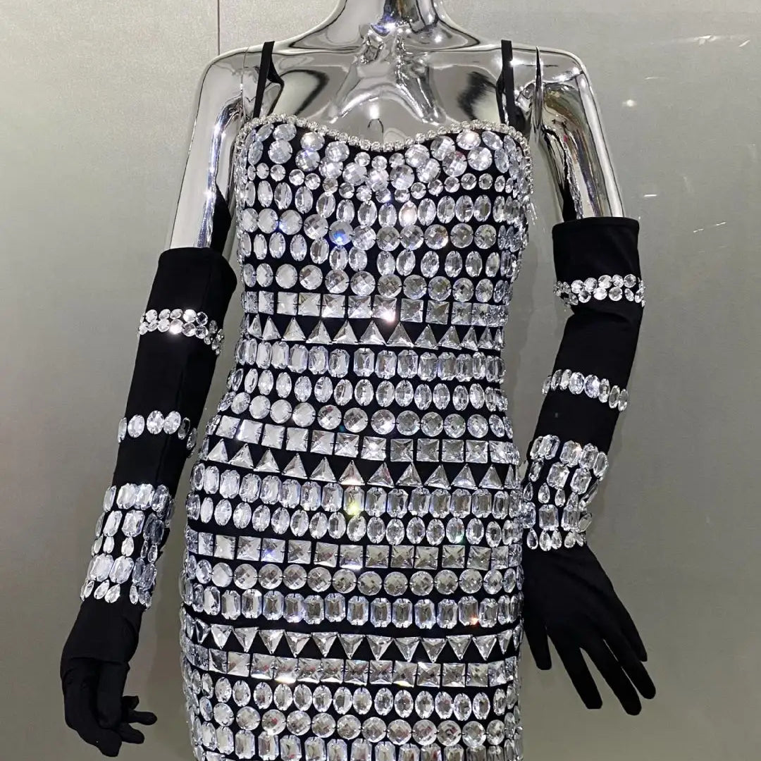 Dazzling Diamonds Strapless Mini Dress And Oversleeve 2 Pieces Fashionable Woman Birthday Party Outfit Performances Costume