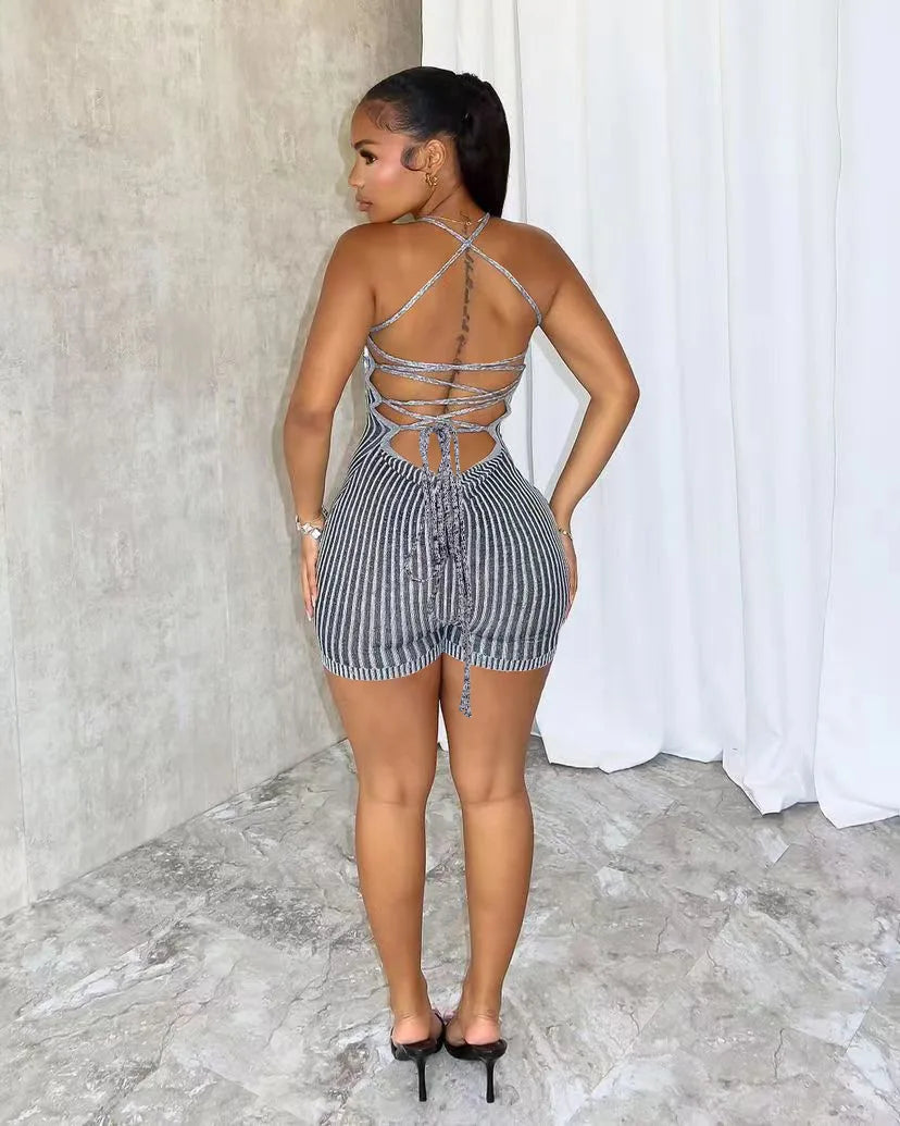 CM.YAYA Women Knitted Sleeveless Strap Short Jumpsuits Street 2024 Summer Striped Casual Sexy One Piece Suit Romper Playsuits