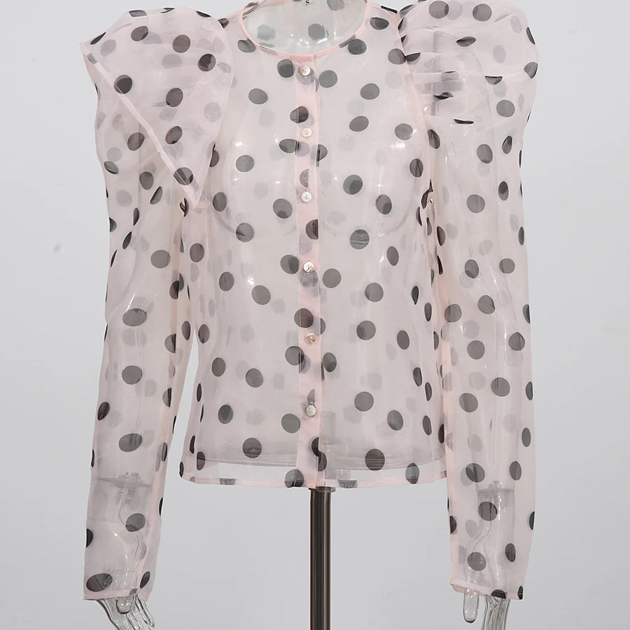 TWOTWINSTYLE Hit Color Sheer Spliced Wave Point Two Piece Sets for Women Round Neck Long Sleeves Top High Waist Skirt Set Female