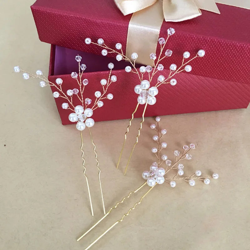 Fabric Floral Bridal Hair Pins Clips Gold Color Pearls Wedding Hair Pieces Women Accessories Handmade TY250