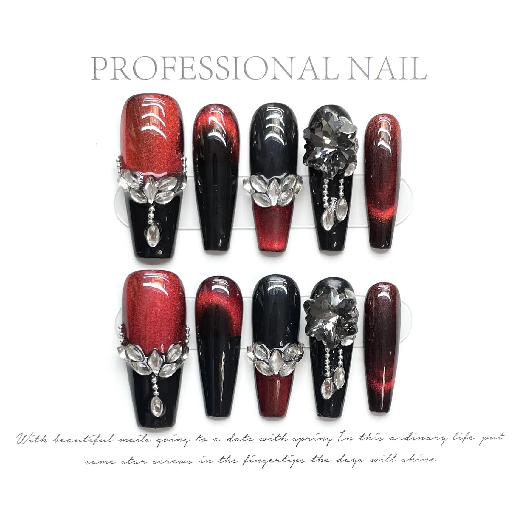 10 peças de unhas postiças super longas amêndoas vermelho-vinho, feitas à mão, brilhantes, com diamante, unhas francesas brilhantes, estilo olho de gato, unhas postiças de luxo