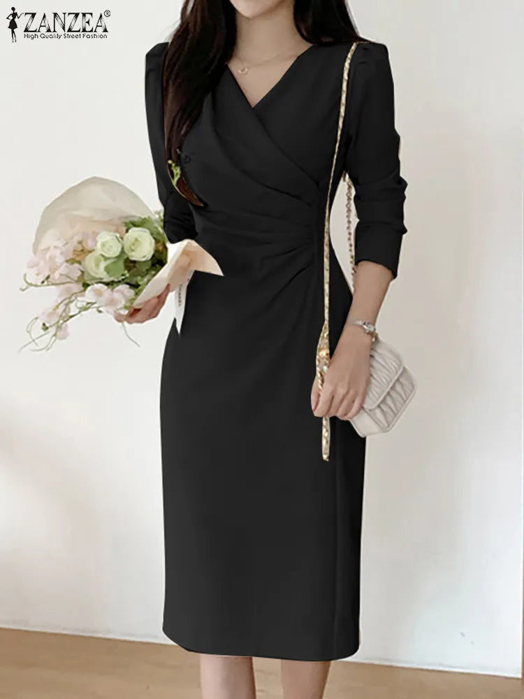Fashion Bodycorn Dress Spring V-Neck Long Sleeve Sundress Solid Color Pleated Midi Robe Female Elegant Sexy Vestidos