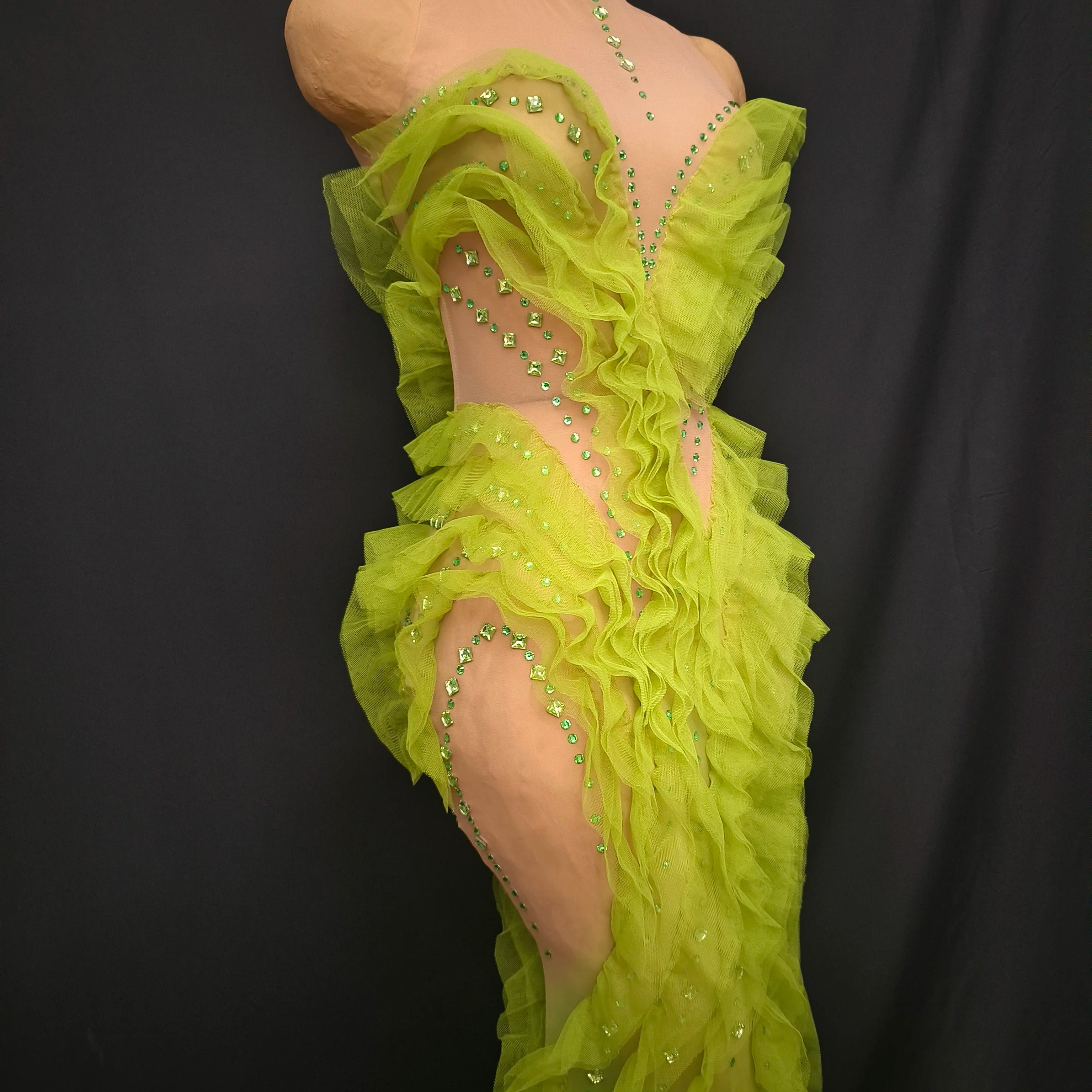 Women Sexy Mesh Crystal Fancy Maxi Dress See Through Neon Green Party Singer Party Costume Stage Performance Dress