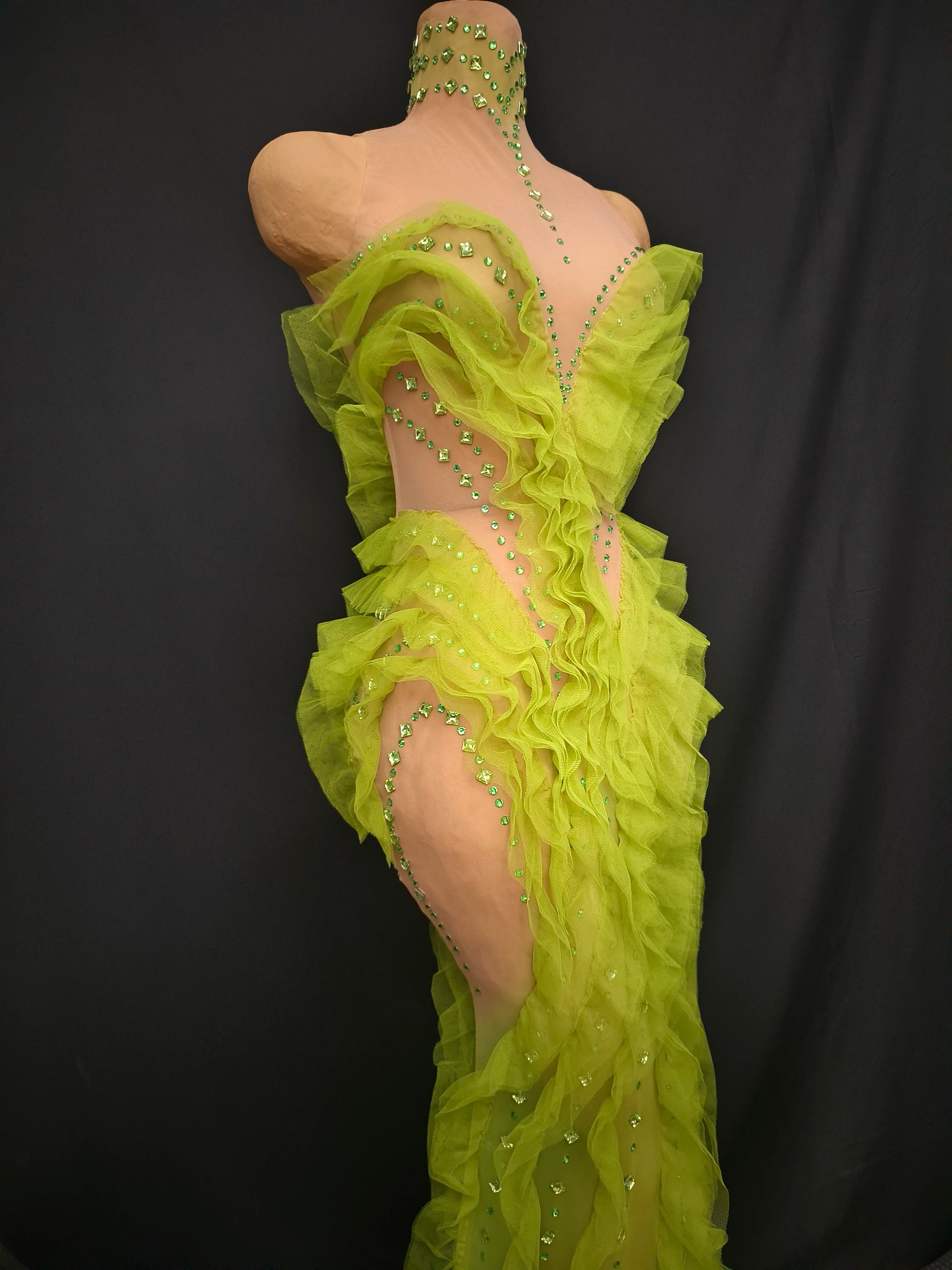 Women Sexy Mesh Crystal Fancy Maxi Dress See Through Neon Green Party Singer Party Costume Stage Performance Dress