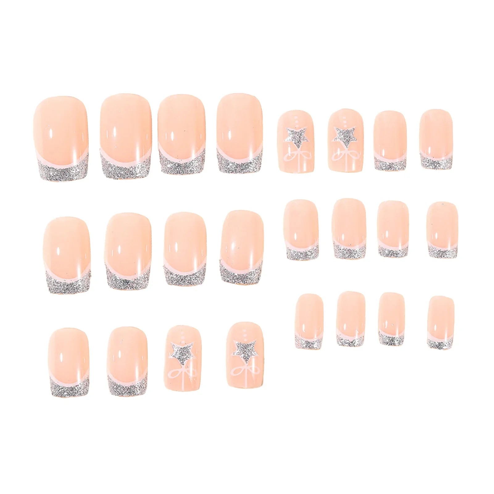 Nude Color Square Fake Nails for Christmas Party Silver French Press On Nails Star/Bowknot Designs Reusable False Nails Patches