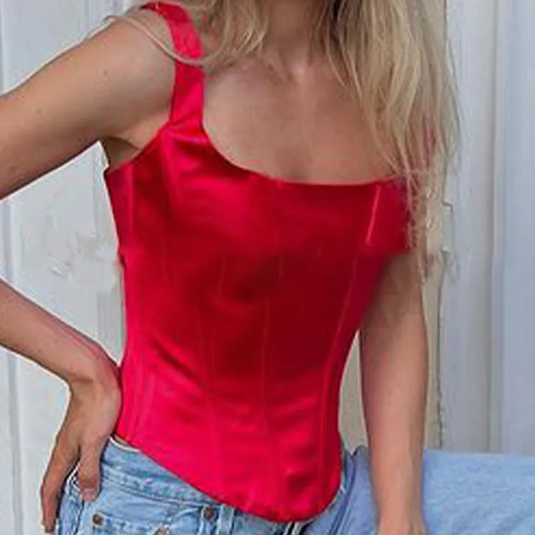 Zenaide Sexy Square Neck Satin Corset Crop Tops Summer Women Sleeveless Bandage Tank Top Camis Party Club 2023 Red