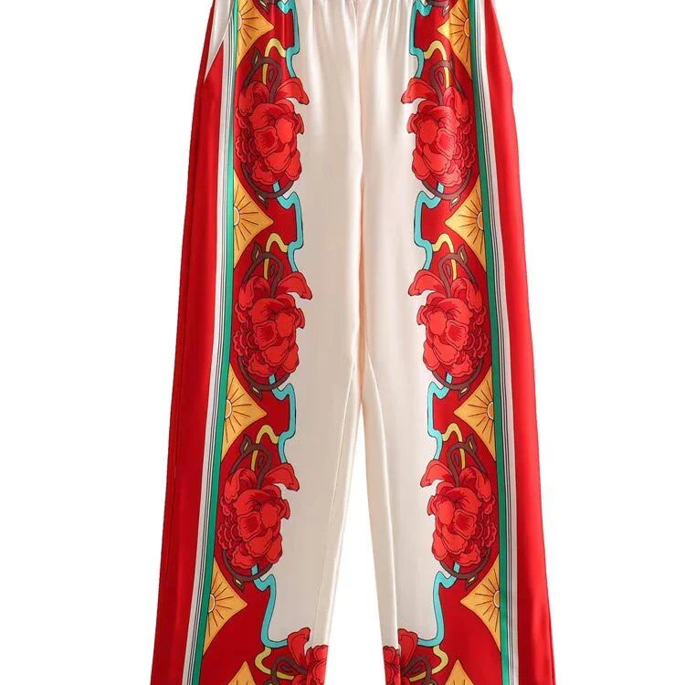 ZARATRAFnew summer women's silk texture printed trousers suit shirt bat shirt + positioning printed high waist trousers printed pants 2