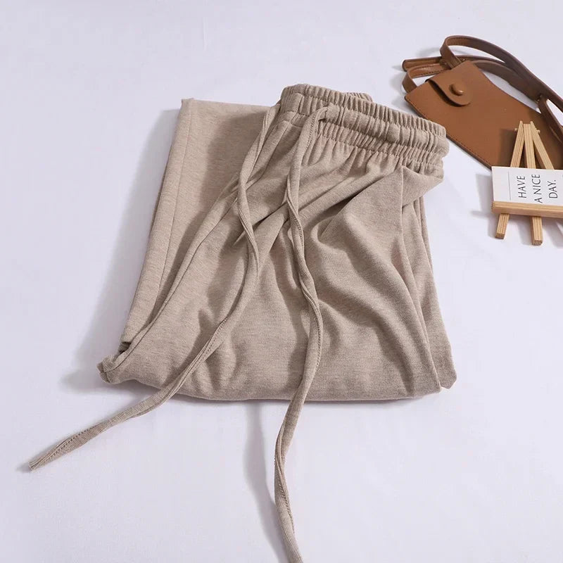 ABRINI Women Drawstring Elastic Waist Thin Solid Pants Casual Straight Pants Sports Wide Leg Trousers For Women Spring KHAKI One Size